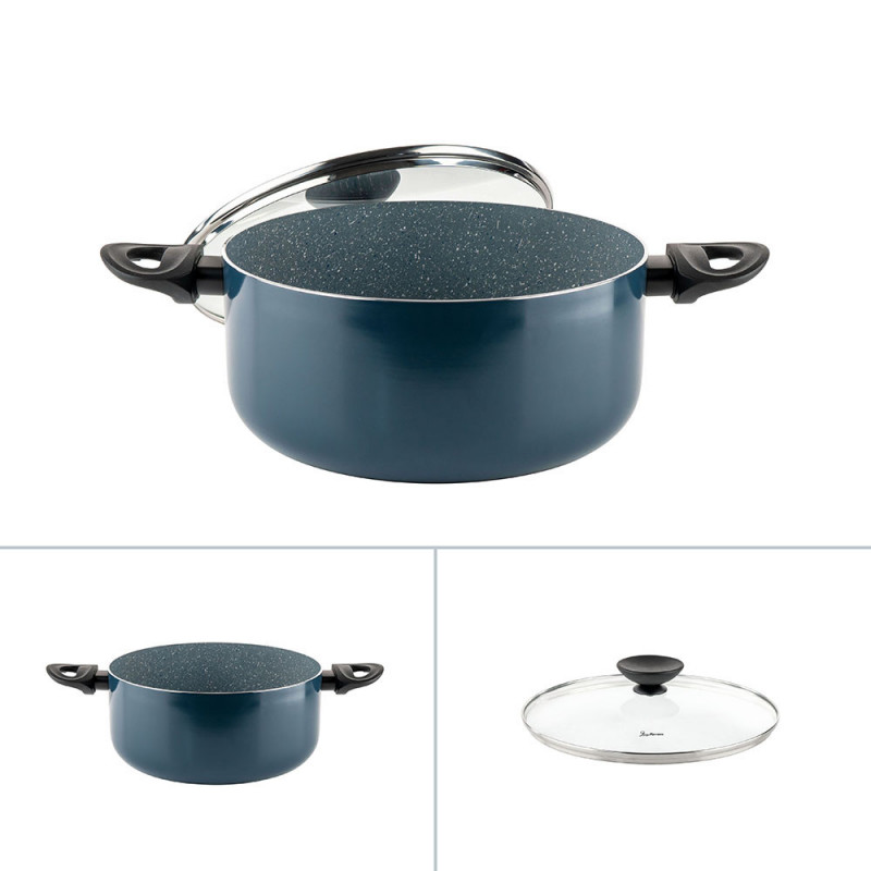 Κατσαρόλα Luigi Ferrero Prima FR-2644, 26x12 cm, 5.8 l, Αντικολλητική μαρμάρινη επίστρωση, Γυάλινο καπάκι με τρύπα ατμού, Επαγωγή, Σκούρο μπλε