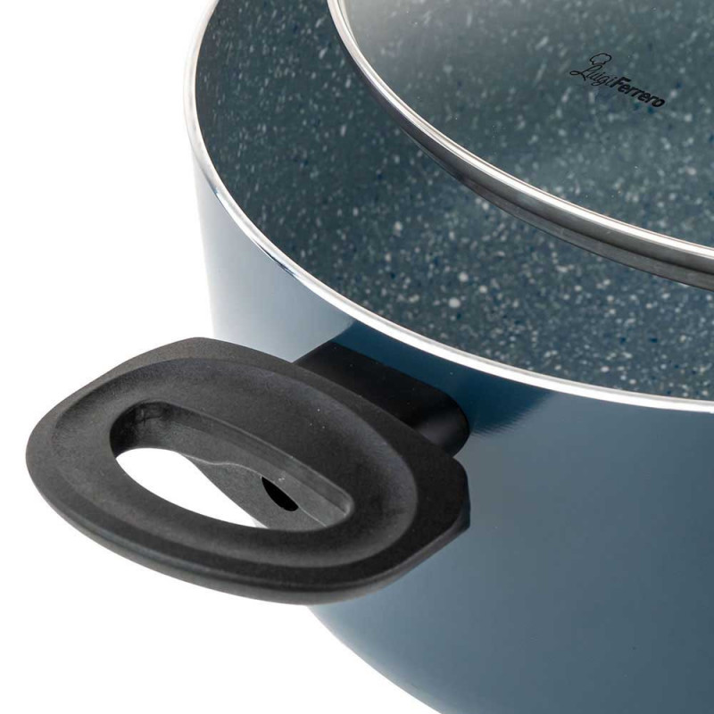 Κατσαρόλα Luigi Ferrero Prima FR-2644, 26x12 cm, 5.8 l, Αντικολλητική μαρμάρινη επίστρωση, Γυάλινο καπάκι με τρύπα ατμού, Επαγωγή, Σκούρο μπλε