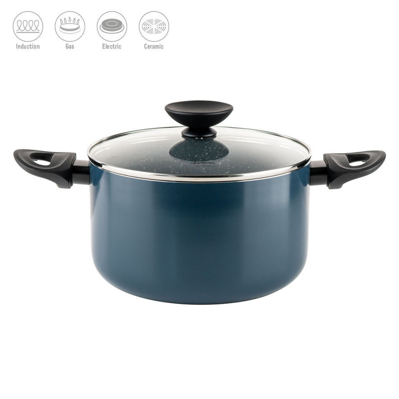 Βαθιά κατσαρόλα Luigi Ferrero Prima FR-2245D, 22x13 cm, 4.5 l, Αντικολλητική επίστρωση με μαρμάρινο εφέ, Επαγωγή, Γυάλινο καπάκι με άνοιγμα, Σκούρο μπλε