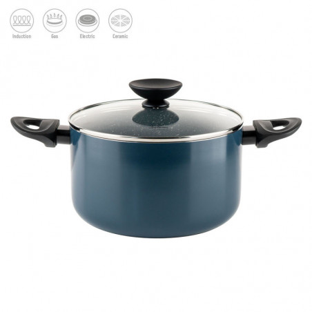 Βαθιά κατσαρόλα Luigi Ferrero Prima FR-2245D, 22x13 cm, 4.5 l, Αντικολλητική επίστρωση με μαρμάρινο εφέ, Επαγωγή, Γυάλινο καπάκι με άνοιγμα, Σκούρο μπλε