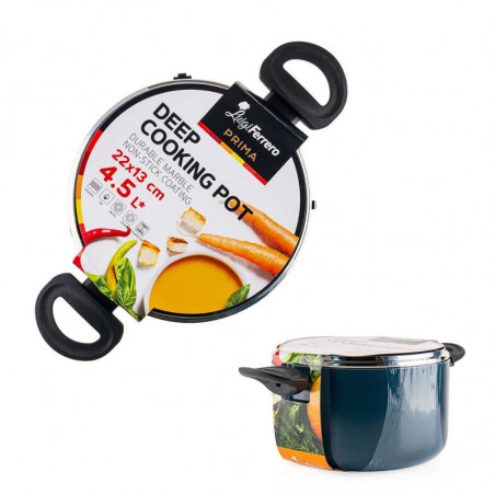 Βαθιά κατσαρόλα Luigi Ferrero Prima FR-2245D, 22x13 cm, 4.5 l, Αντικολλητική επίστρωση με μαρμάρινο εφέ, Επαγωγή, Γυάλινο καπάκι με άνοιγμα, Σκούρο μπλε