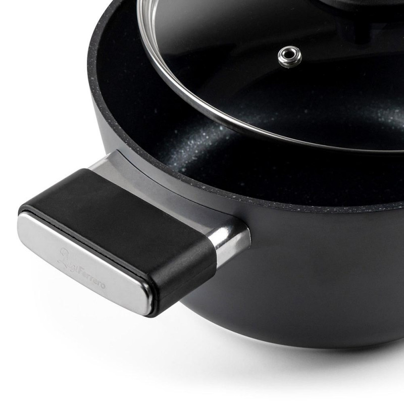 Κατσαρόλα Luigi Ferrero Regina FR-2040 20x10 cm, 2,5 l, Αντικολλητική επίστρωση με μαρμάρινο εφέ, Γυάλινο καπάκι με τρύπα ατμού, Μαύρο