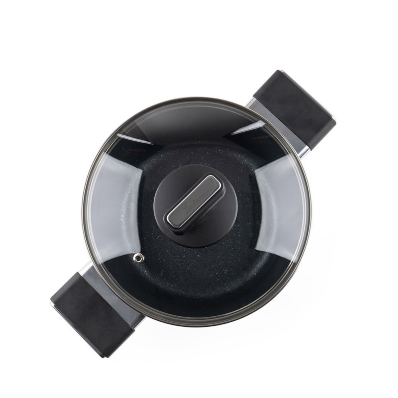 Κατσαρόλα Luigi Ferrero Regina FR-2040 20x10 cm, 2,5 l, Αντικολλητική επίστρωση με μαρμάρινο εφέ, Γυάλινο καπάκι με τρύπα ατμού, Μαύρο