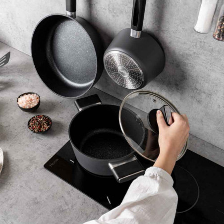 Κατσαρόλα Luigi Ferrero Regina FR-2040 20x10 cm, 2,5 l, Αντικολλητική επίστρωση με μαρμάρινο εφέ, Γυάλινο καπάκι με τρύπα ατμού, Μαύρο