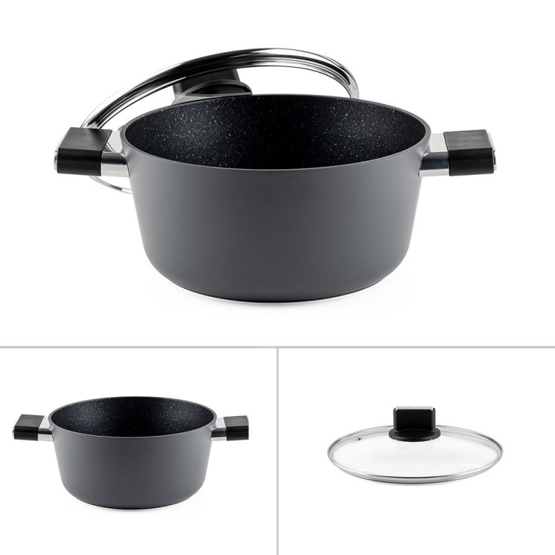 Κατσαρόλα Luigi Ferrero Regina FR-2440 24x11,5 cm, 4,3 l, Αντικολλητική επίστρωση με μαρμάρινο εφέ, Γυάλινο καπάκι με τρύπα ατμού, Μαύρο