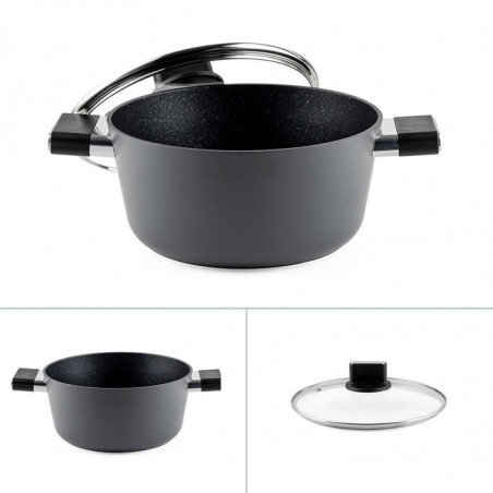 Κατσαρόλα Luigi Ferrero Regina FR-2440 24x11,5 cm, 4,3 l, Αντικολλητική επίστρωση με μαρμάρινο εφέ, Γυάλινο καπάκι με τρύπα ατμού, Μαύρο