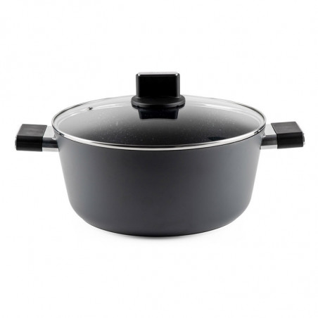 Κατσαρόλα Luigi Ferrero Regina FR-2840, 28x12,5 cm, 6,5 l, Αντικολλητική μαρμάρινη επίστρωση, Γυάλινο καπάκι με τρύπα ατμού, Επαγωγική, Μαύρο