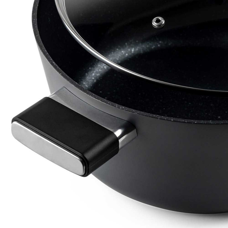 Κατσαρόλα Luigi Ferrero Regina FR-2840, 28x12,5 cm, 6,5 l, Αντικολλητική μαρμάρινη επίστρωση, Γυάλινο καπάκι με τρύπα ατμού, Επαγωγική, Μαύρο