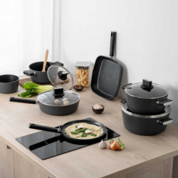 Κατσαρόλα Luigi Ferrero Regina FR-2840, 28x12,5 cm, 6,5 l, Αντικολλητική μαρμάρινη επίστρωση, Γυάλινο καπάκι με τρύπα ατμού, Επαγωγική, Μαύρο