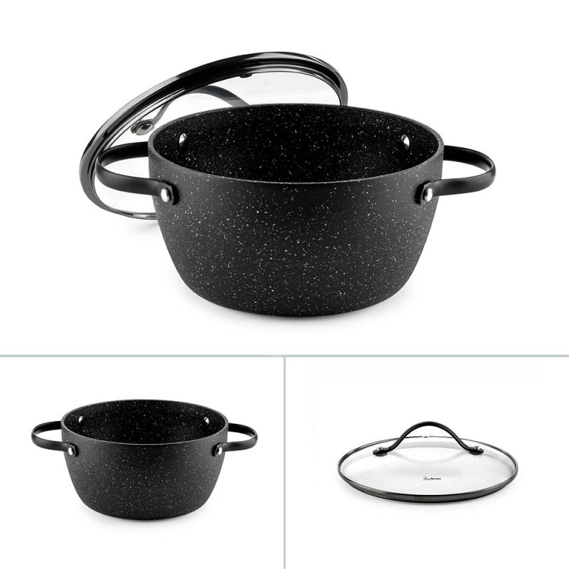 Κατσαρόλα Luigi Ferrero Symphony FR-2010, 20x10,5 cm, 2,6 l, Αντικολλητική επίστρωση, Γυάλινο καπάκι με τρύπα ατμού, Χαλύβδινες λαβές με PVD, Επαγωγή, Μαύρο μάρμαρο