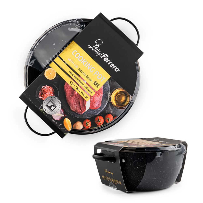 Κατσαρόλα Luigi Ferrero Symphony FR-2410, 24x11,5 cm, 4,3 l, Αντικολλητική επίστρωση, Γυάλινο καπάκι με τρύπα ατμού, Χαλύβδινες λαβές με PVD, Επαγωγή, Μαύρο μάρμαρο