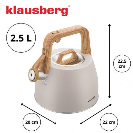 Свирещ чайник Klausberg KB-7917, 2.5 л, Дръжка с дървесен ефект, Индукция, Бежов