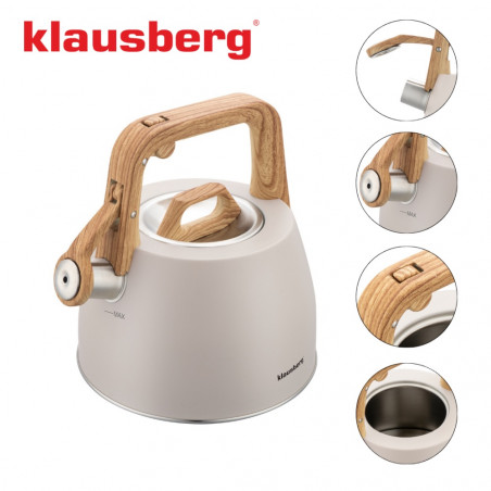 Свирещ чайник Klausberg KB-7917, 2.5 л, Дръжка с дървесен ефект, Индукция, Бежов