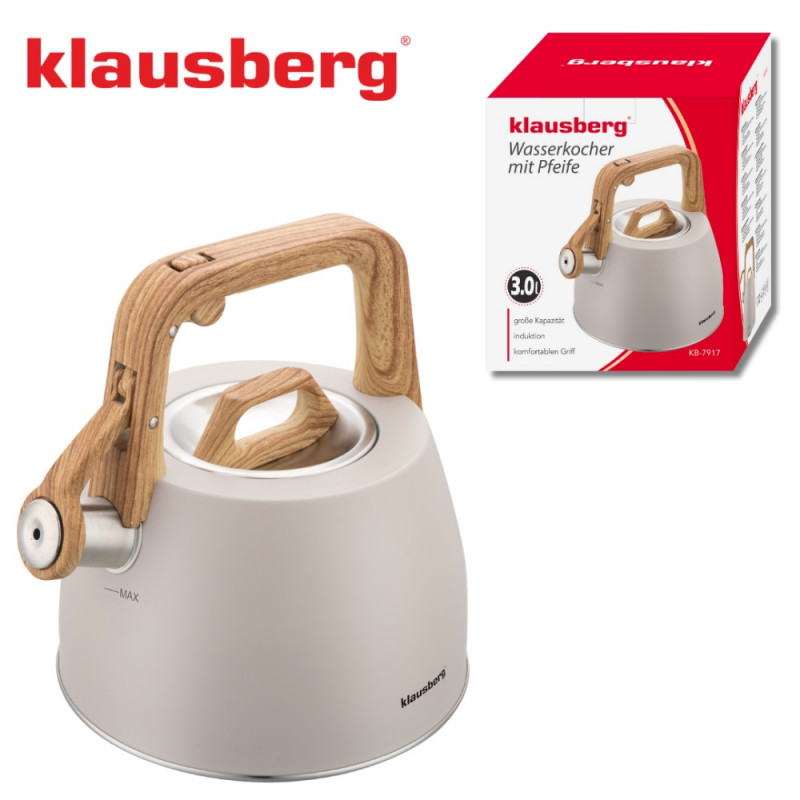 Свирещ чайник Klausberg KB-7917, 2.5 л, Дръжка с дървесен ефект, Индукция, Бежов