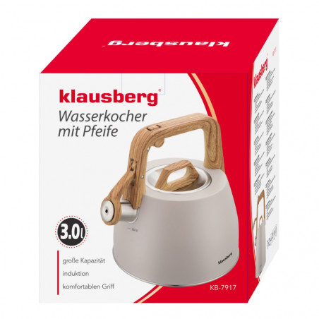 Свирещ чайник Klausberg KB-7917, 2.5 л, Дръжка с дървесен ефект, Индукция, Бежов