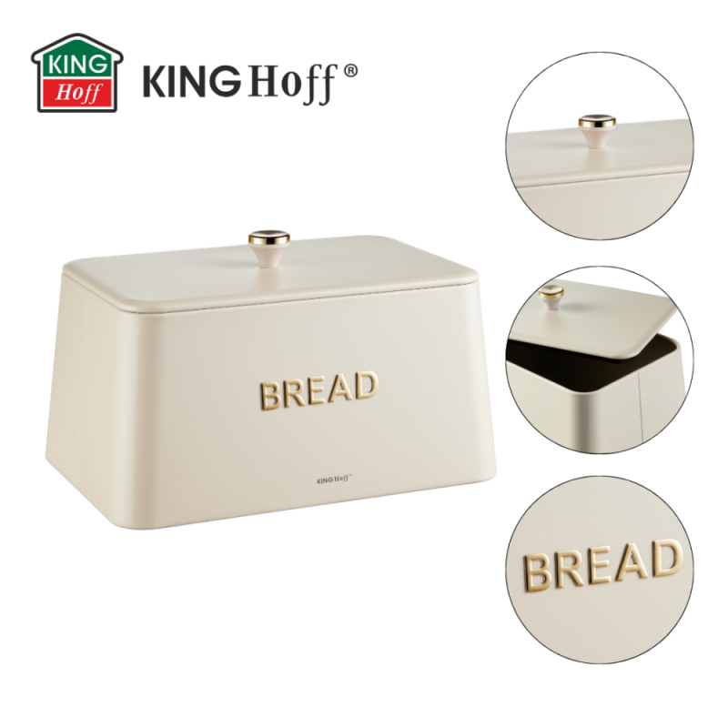 Kinghoff ψωμιέρα KH-1950, 35 cm, Μεταλλικό σώμα, Καπάκι μπαμπού, Μπεζ/χρυσό