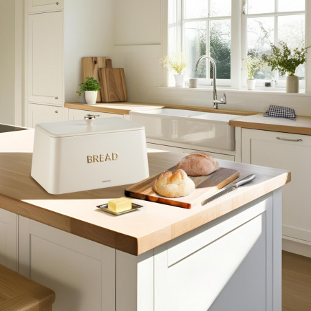 Kinghoff ψωμιέρα KH-1950, 35 cm, Μεταλλικό σώμα, Καπάκι μπαμπού, Μπεζ/χρυσό