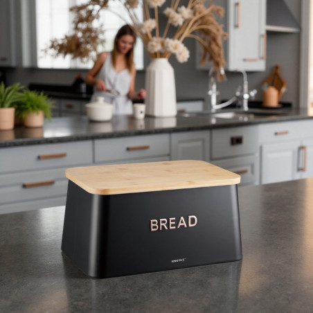Κουτί ψωμιού με καπάκι κοπής KH-1948, 35 cm, Μπαμπού, Ατσάλι, Μαύρο