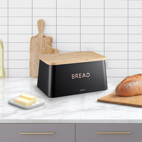 Κουτί ψωμιού με καπάκι κοπής KH-1948, 35 cm, Μπαμπού, Ατσάλι, Μαύρο