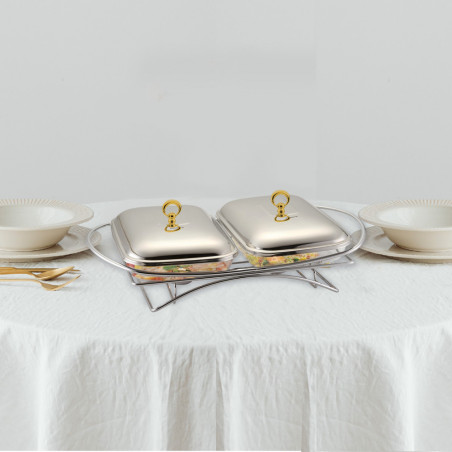 Ζεστό πιάτο σερβιρίσματος Klausberg KB-7922, 2x1.5 l, Ανθεκτικό στη θερμότητα γυαλί, Inox/gilt