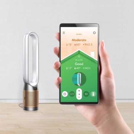 Καθαριστής και ψύκτης αέρα Dyson PC2 De-NOx TP12 Wh/Gd, 40W, 40 m2, 10 ταχύτητες, ταλάντωση, HEPA, MyDyson™, Wi-Fi, LCD, Smart, Φωνητικός έλεγχος, Αυτόματη λειτουργία, Λευκό/Χρυσό