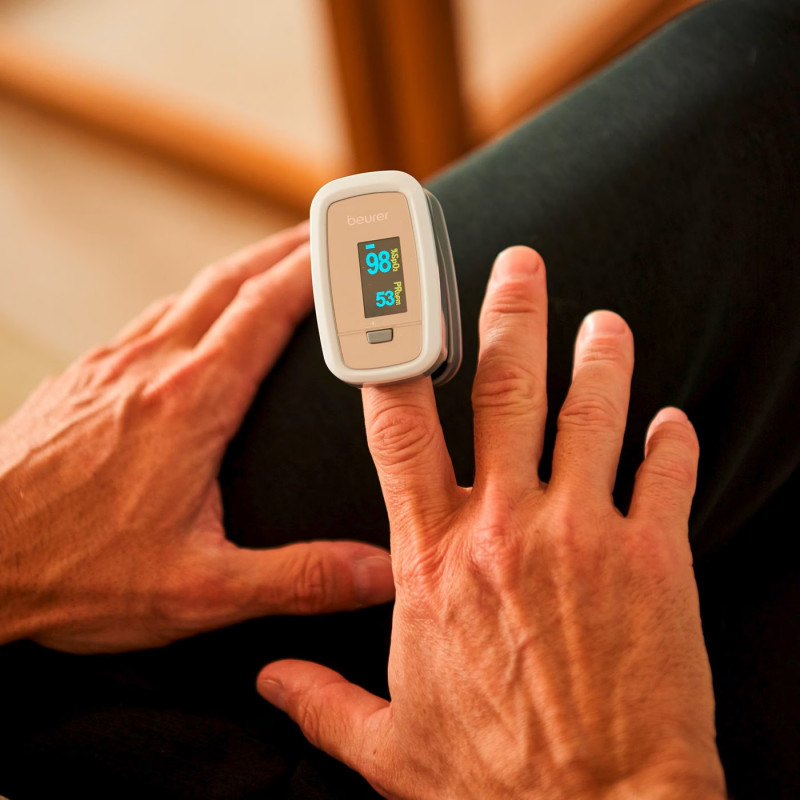Beurer PO 30 Ιατρικό παλμικό οξύμετρο δακτύλου, SpO₂, παλμός, αναίμακτο και ανώδυνο, OLED, οθόνη γραφικών, CE, IP22, γκρι/λευκό