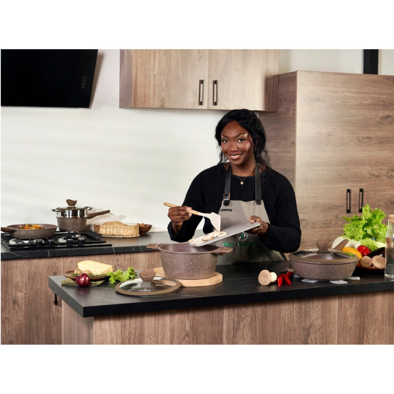 Σετ κατσαρόλες και τηγάνια Just Perfecto JL-26, 14 h, χυτό, μαρμάρινη επίστρωση, επαγωγή, ατμομάγειρας, αξεσουάρ, καφέ