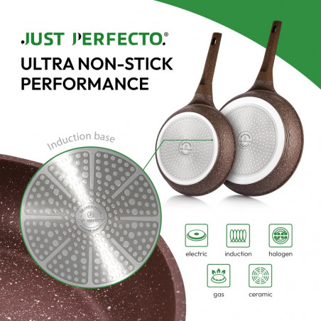 Σετ κατσαρόλες και τηγάνια Just Perfecto JL-26, 14 h, χυτό, μαρμάρινη επίστρωση, επαγωγή, ατμομάγειρας, αξεσουάρ, καφέ