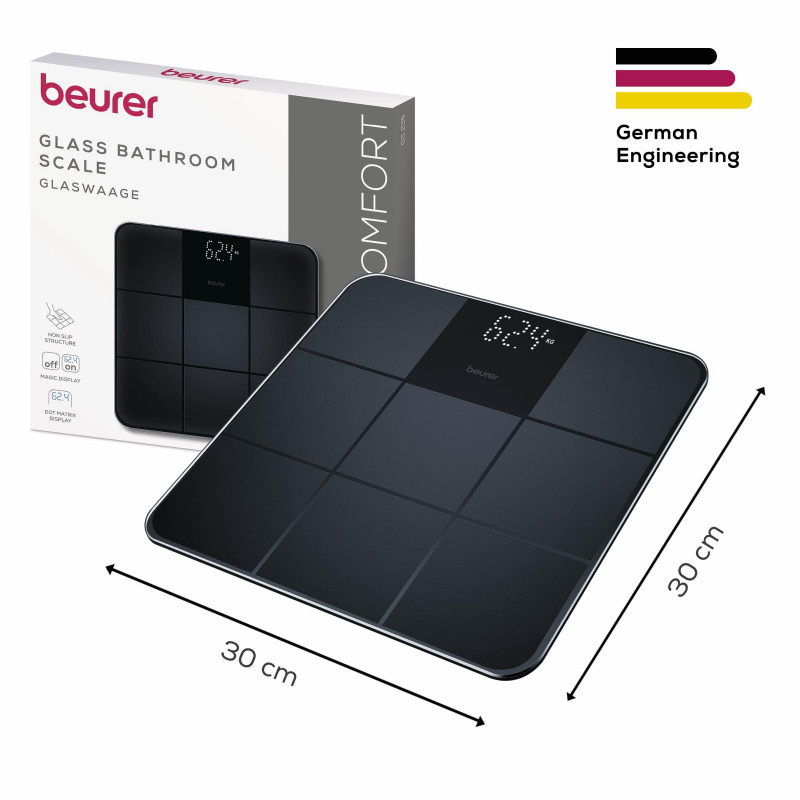 Beurer GS 235, Μέχρι 180 κιλά, Μεγάλα ψηφία, Μετριασμένο γυαλί, Magic LED, Αντιολισθητική επιφάνεια, Μαύρο