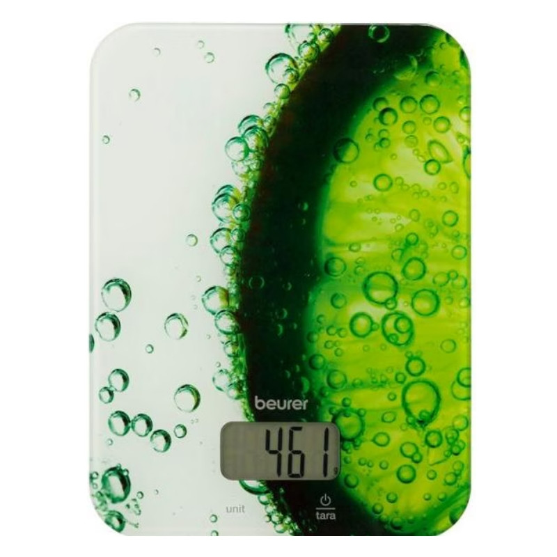 Ζυγαριά κουζίνας Beurer KS 19 Fresh, Μέχρι 5 kg, Τάρα, Έλεγχος αφής, LCD, Γυάλινη, Υπερλεπτή, Πράσινη