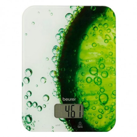 Ζυγαριά κουζίνας Beurer KS 19 Fresh, Μέχρι 5 kg, Τάρα, Έλεγχος αφής, LCD, Γυάλινη, Υπερλεπτή, Πράσινη