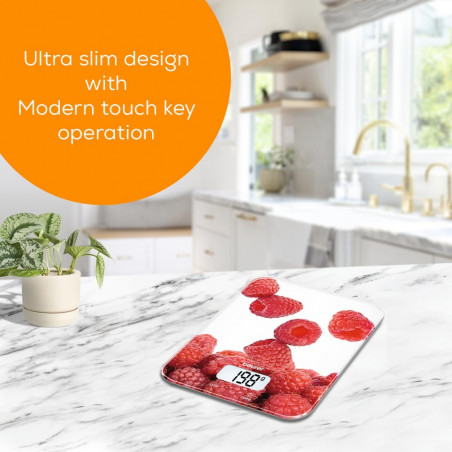 Ζυγαριά κουζίνας Beurer KS 19 Berry, Μέχρι 5 kg, Ταρίφα, Έλεγχος αφής, LCD, Γυάλινη, Υπερλεπτή, Κόκκινη