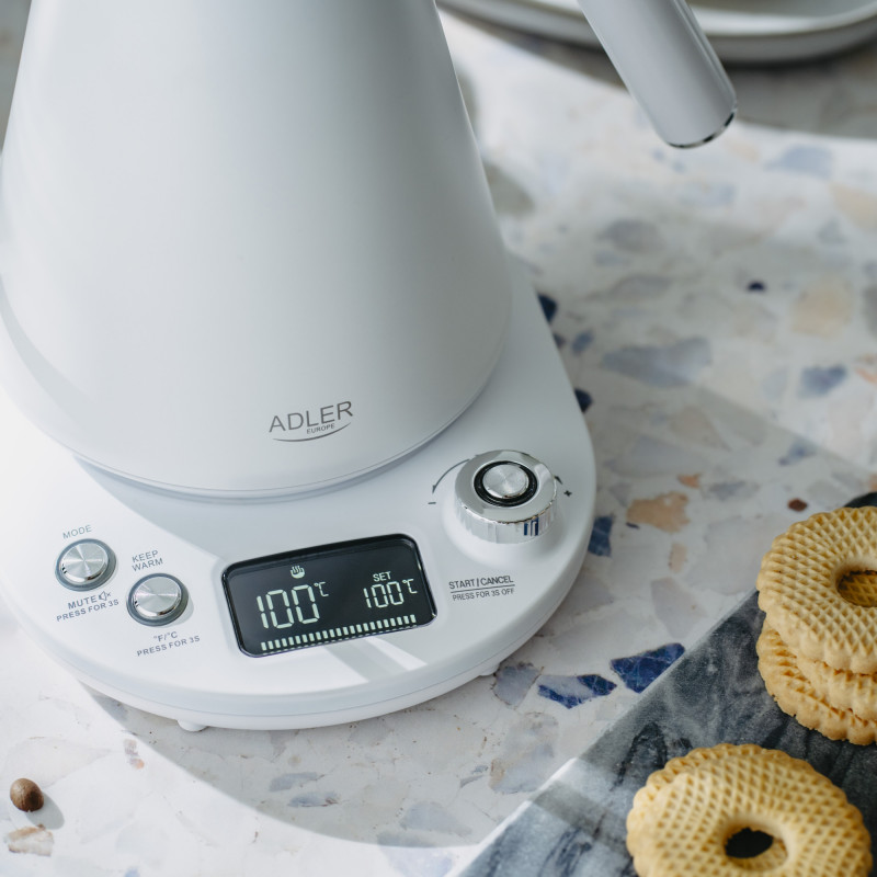 Ηλεκτρικός βραστήρας Adler AD 1349W, 1100W, 1 l, 40-100 C, συντήρηση θερμότητας, οθόνη LED, λευκό