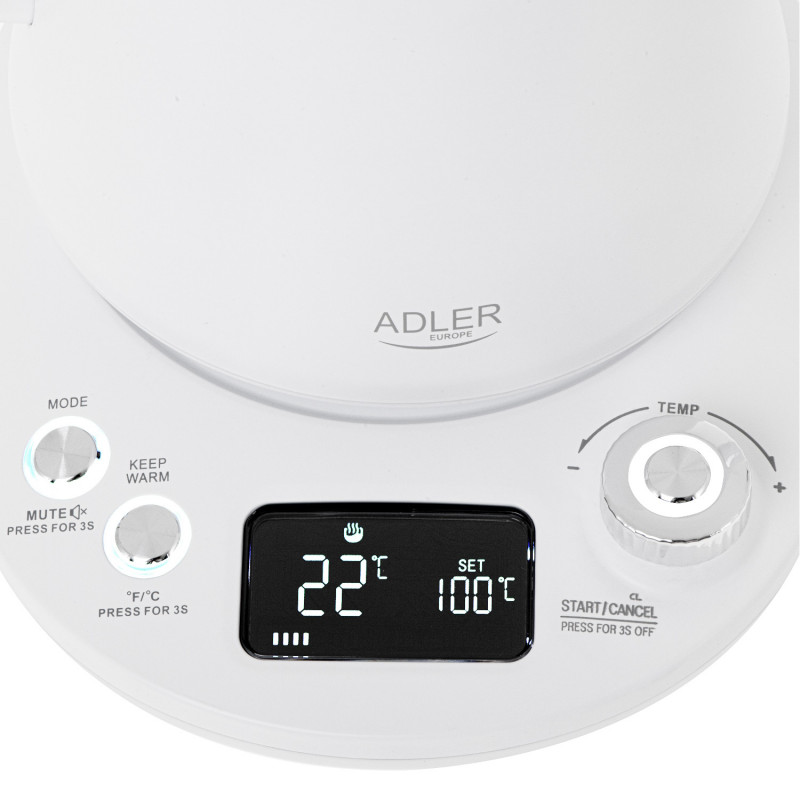 Ηλεκτρικός βραστήρας Adler AD 1349W, 1100W, 1 l, 40-100 C, συντήρηση θερμότητας, οθόνη LED, λευκό