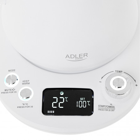 Ηλεκτρικός βραστήρας Adler AD 1349W, 1100W, 1 l, 40-100 C, συντήρηση θερμότητας, οθόνη LED, λευκό