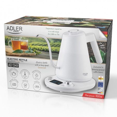 Ηλεκτρικός βραστήρας Adler AD 1349W, 1100W, 1 l, 40-100 C, συντήρηση θερμότητας, οθόνη LED, λευκό