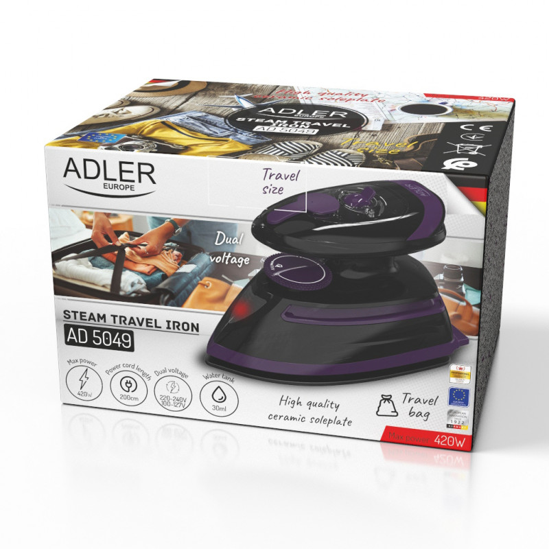 Adler AD 5049 Σίδερο ατμού ταξιδιού, 420W, 30 ml, κεραμική πλάκα, σιδέρωμα με ατμό και στεγνό σιδέρωμα, μαύρο/μωβ