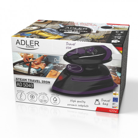 Adler AD 5049 Σίδερο ατμού ταξιδιού, 420W, 30 ml, κεραμική πλάκα, σιδέρωμα με ατμό και στεγνό σιδέρωμα, μαύρο/μωβ