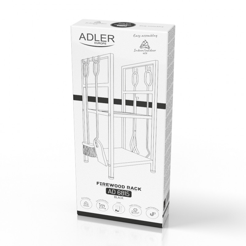 Ράφι για καυσόξυλα με εργαλεία Adler AD 6815, Μέχρι 80 κιλά, Δύο ράφια, Ατσάλινη κατασκευή, Μαύρο