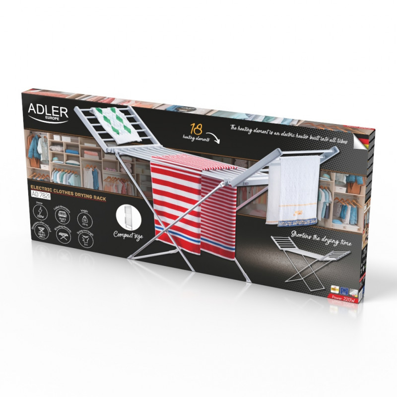 Ηλεκτρικό στεγνωτήριο ρούχων Adler AD 7821, 220W, 18 θερμαντικά στοιχεία, IP22, Λευκό
