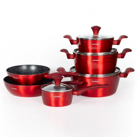 Σετ κατσαρόλες και τηγάνια Royalty Line FD10, 10 τεμαχίων, Χυτό αλουμίνιο, επίστρωση μαρμάρου Greblon, Επαγωγή, Κόκκινο