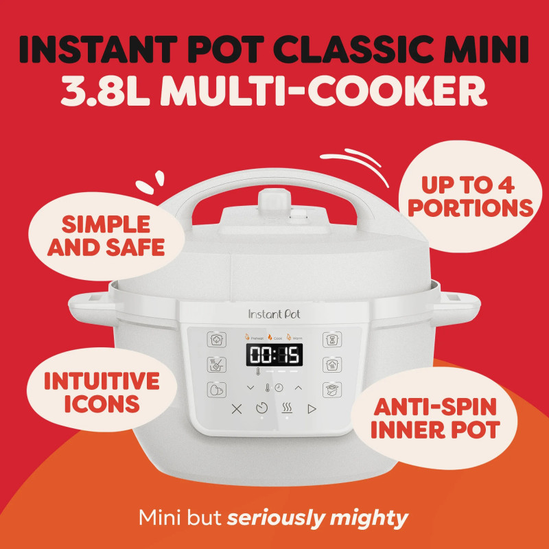 Instant Pot Classic Mini 140800801, 800W, 3.8 l, 7 προγράμματα, αγαπημένα κουμπιά, οθόνη LCD, Ανοξείδωτο, Λευκό