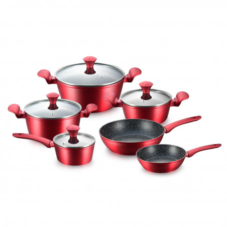 Σετ κατσαρόλες και τηγάνια Royalty Line FD10, 10 τεμαχίων, Χυτό αλουμίνιο, επίστρωση μαρμάρου Greblon, Επαγωγή, Κόκκινο