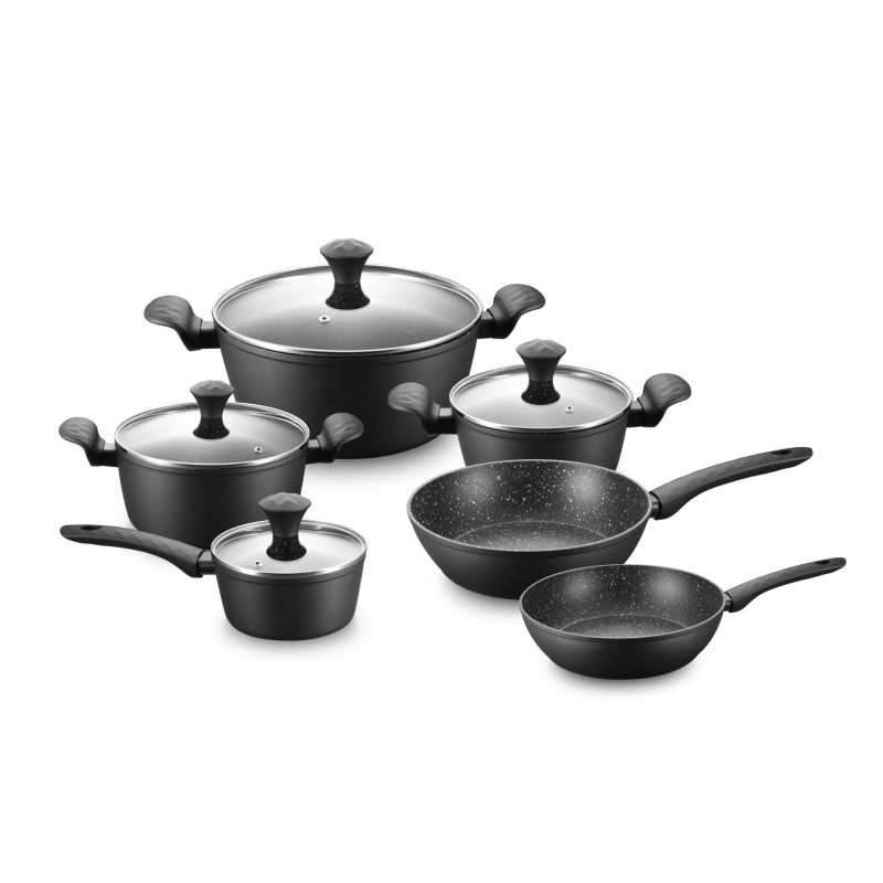 Σετ κατσαρολών και τηγανιών Royalty Line FD10, 10 τεμαχίων, Χυτό αλουμίνιο, επίστρωση μαρμάρου Greblon, Επαγωγή, Μαύρο
