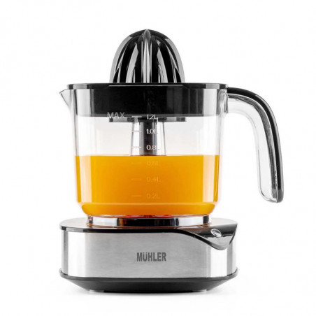 Πρέσα εσπεριδοειδών Muhler MJ-4020, 40 W, 1,2 λίτρα, Dvoposochno κίνηση, Ενδεικτική λυχνία, 2 κώνοι, Cheren/Inox.