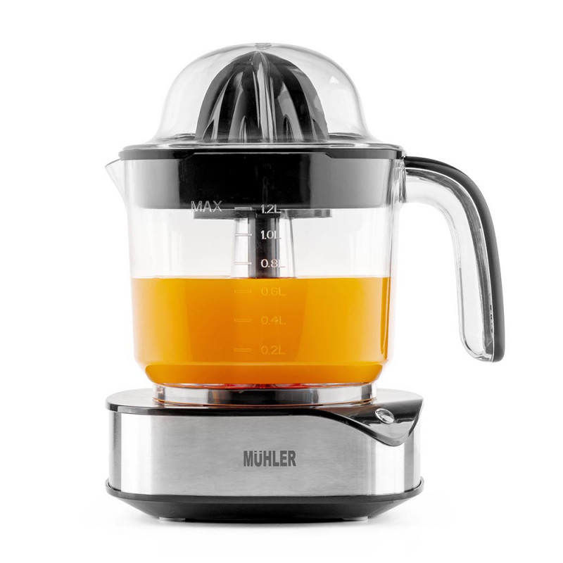 Πρέσα εσπεριδοειδών Muhler MJ-4020, 40 W, 1,2 λίτρα, Dvoposochno κίνηση, Ενδεικτική λυχνία, 2 κώνοι, Cheren/Inox.