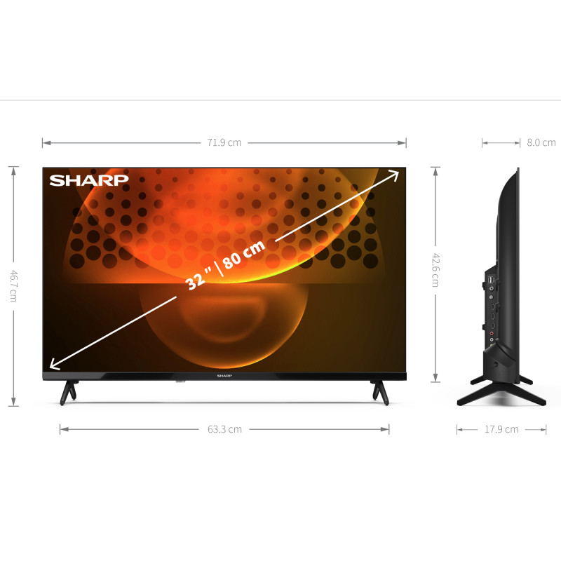 Τηλεόραση Sharp 32DI6EAAEUR, 32", 80 cm, 1366x768 HD Ready, Android TV™ 11, Wi-Fi, Game Mode, Bluetooth, 3 τεμάχια HDMI, VESA 100x100mm, Μαύρο