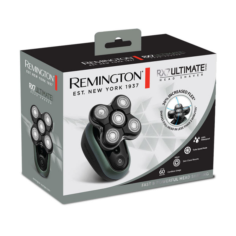 Ξυριστική μηχανή για το κεφάλι Remington RX7 XR1600 Ultimate Series, αυτονομία 60 λεπτά, αδιάβροχη, με κινητή κεφαλή, λειτουργία Turbo, ατσάλινες λεπίδες, ενδείξεις λειτουργίας, Μαύρο/πράσινο
