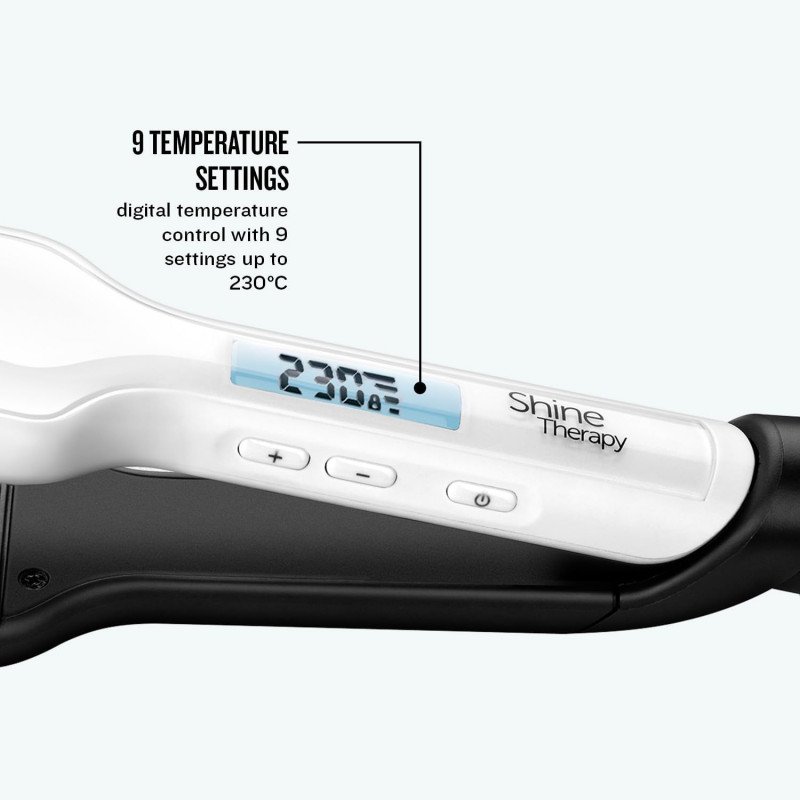 Ισιωτική μαλλιών Remington S8550 Shine Therapy, με κεραμική επίστρωση εμπλουτισμένη με έλαιο αργκάν και βιταμίνη Ε, 235°C, 10 ρυθμίσεις θερμοκρασίας, πλατιές πλάκες, γρήγορη θέρμανση, Λευκό