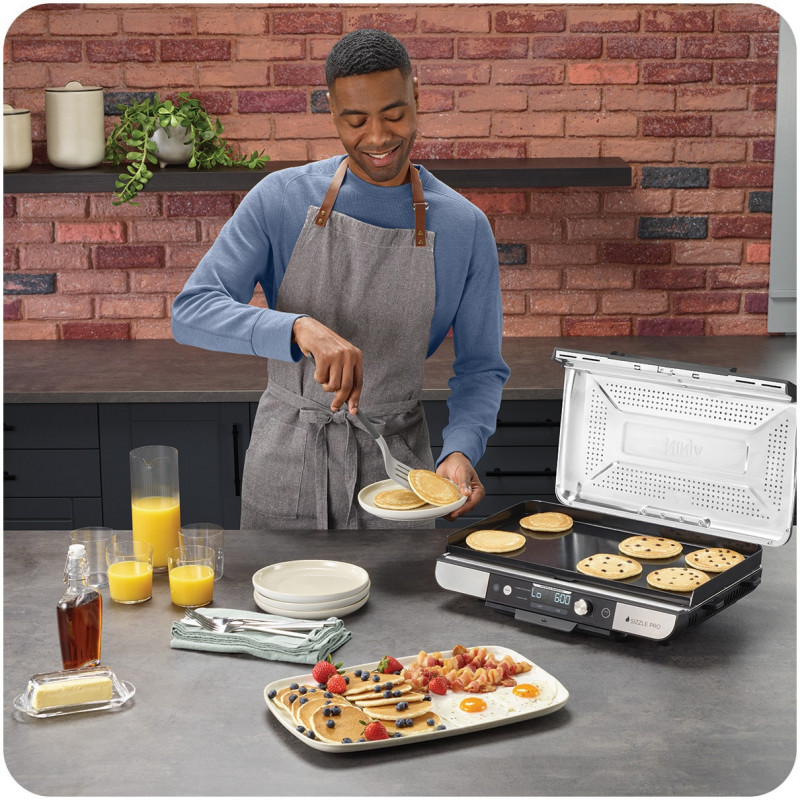 Ηλεκτρική ψησταριά Ninja Sizzle Pro XL GX101EU, 1800W, 120°-260°C, 2 κεραμικά πλόκια, 10 μπιφτέκια, ProTemp IQ, Swalajem kapak, Ceren/Inox